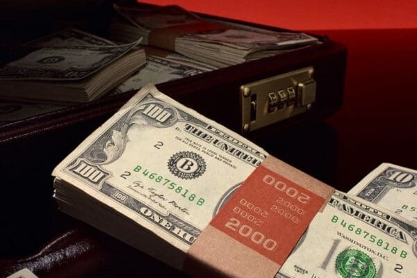 $2000 in $100 dollar bills in a stack sitting in front of an open briefcase filled with more stacks of money.