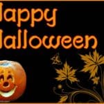 Happy Halloween graphic with carved smiling pumpkin