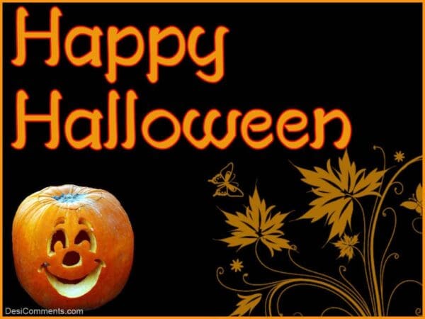 Happy Halloween graphic with carved smiling pumpkin