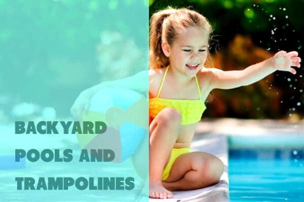 Young girl in yellow two-piece bathing suit holding a beach ball at the side of a pool. Image has overlay on left side that reads "Backyard Pools and Trampolines"