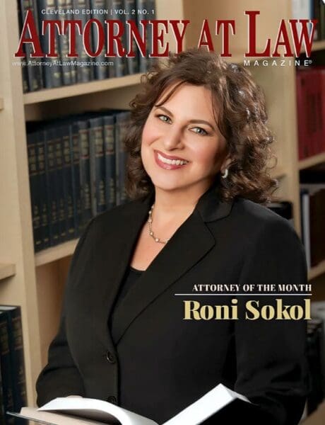 Close-up of Roni Sokol in black suit as featured "Attorney of the Month" in Cleveland edition of Attorney At Law magazine.